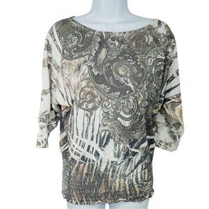 Body Central Boutique Womens Ruched Hem Printed Dolman Sleeve Top‎ S Beige/Brown